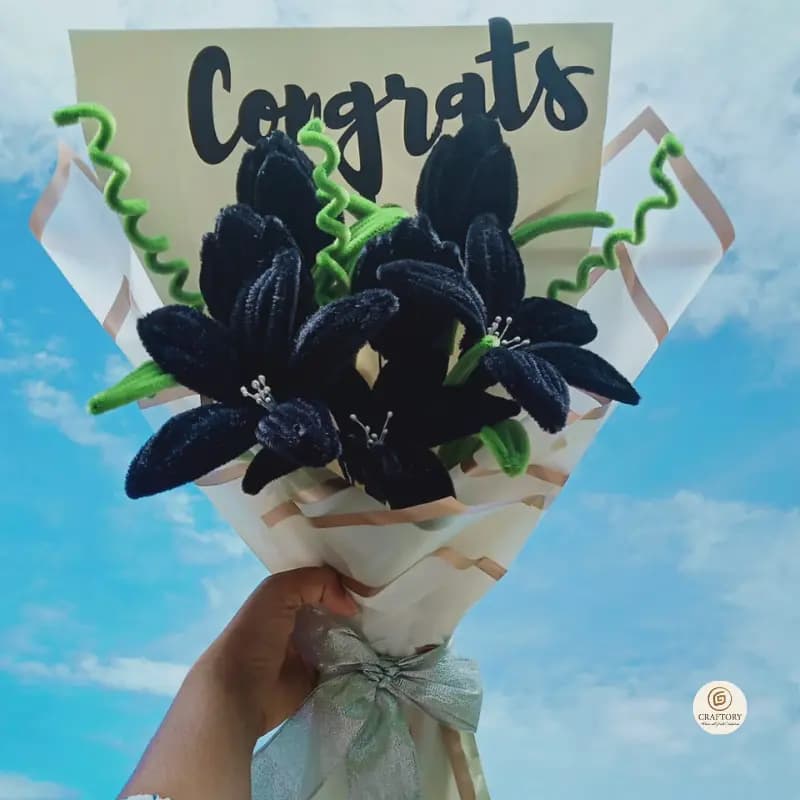Handmade Graduation Flower Bouquet – Black Velvet Lilies with Congrats Card 1