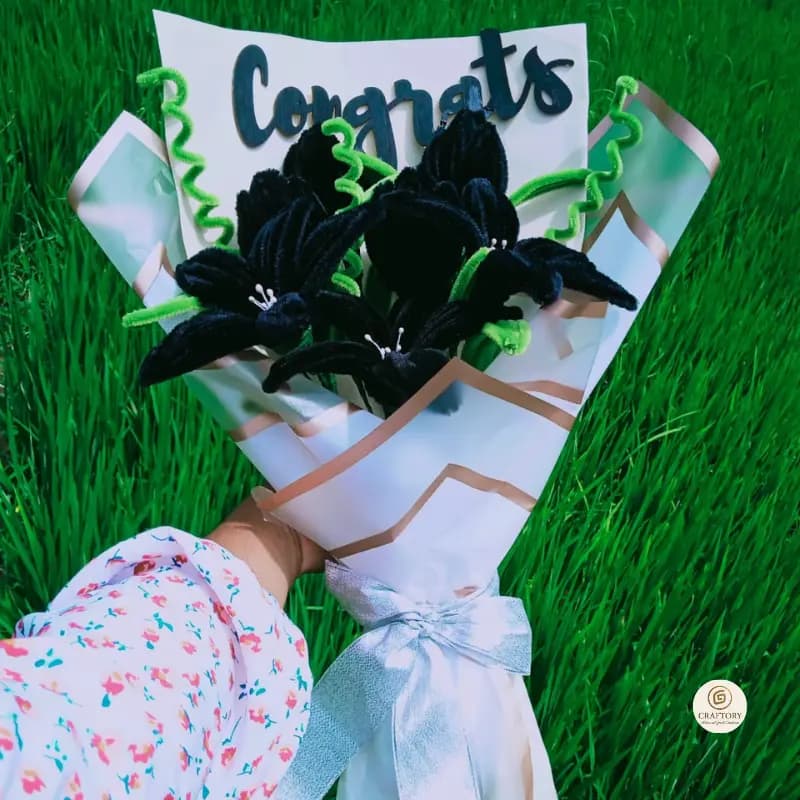 Handmade Graduation Flower Bouquet – Black Velvet Lilies with Congrats Card 3