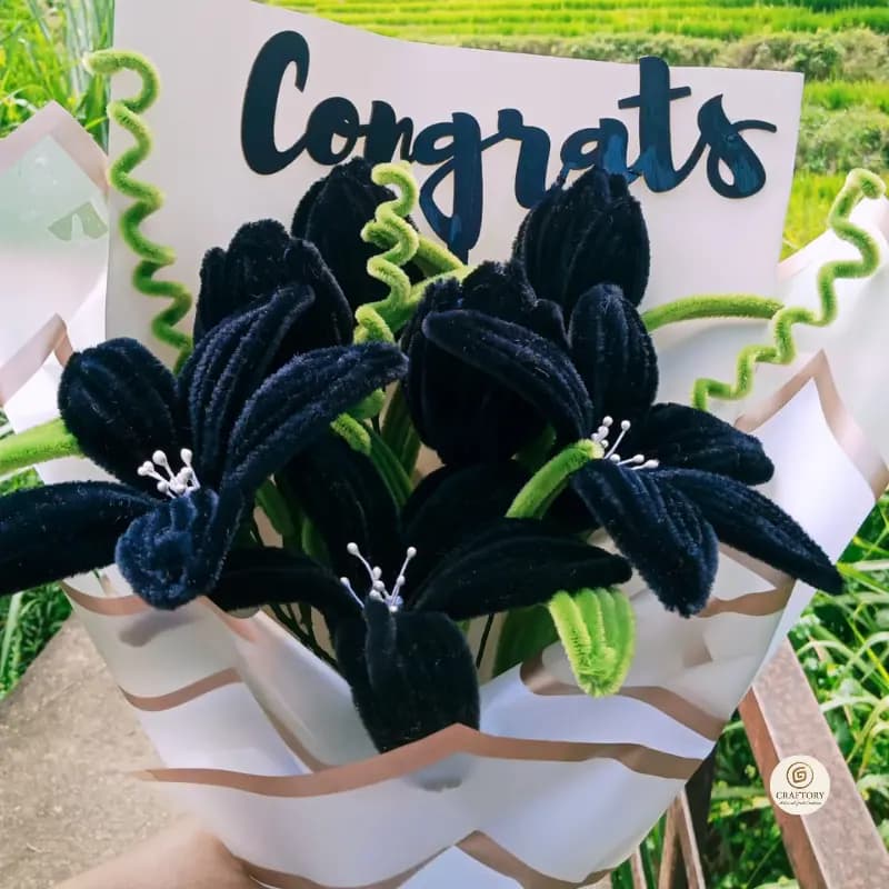 Handmade Graduation Flower Bouquet – Black Velvet Lilies with Congrats Card 2