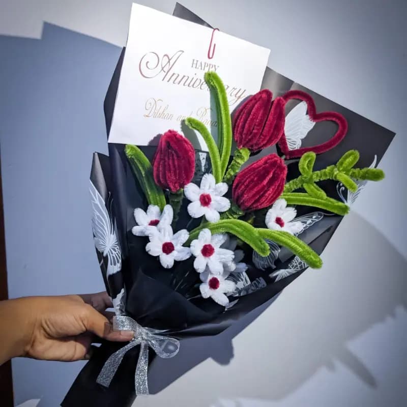 Handmade Anniversary Flower Bouquet – Velvet Roses & White Daisies 1
