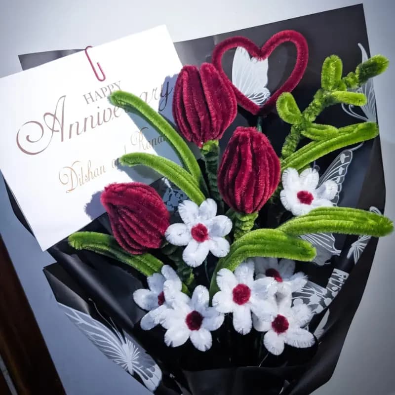 Handmade Anniversary Flower Bouquet – Velvet Roses & White Daisies 2