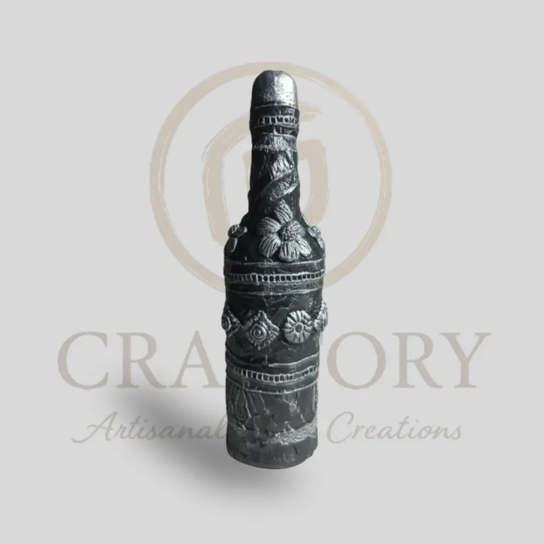 Handcrafted Decorative Whisky Bottle Art – Silver Floral Motif