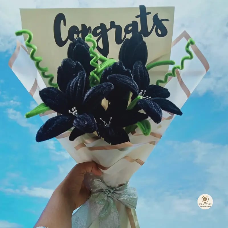 Handmade Graduation Flower Bouquet – Black Velvet Lilies with Congrats Card