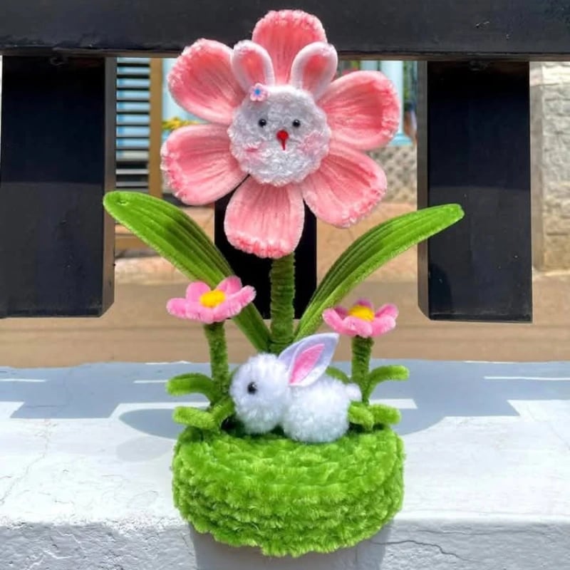 Handmade Bunny Table Deco – Plush Flower Pot with Bunny & Floral Accents