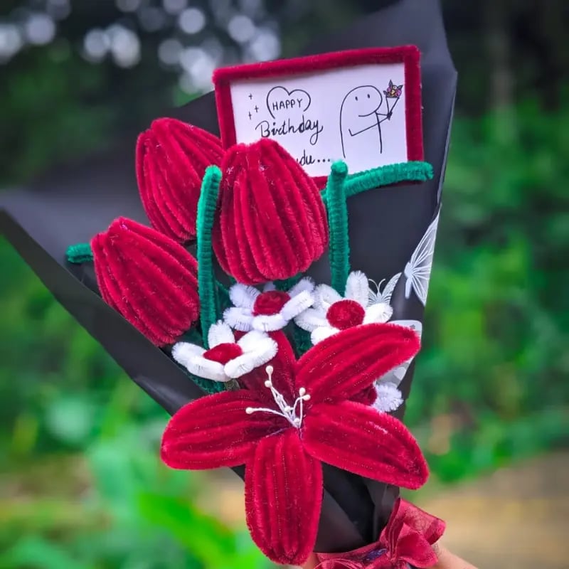 Handmade Birthday Flower Bouquet – Red Velvet Flowers with Custom Card